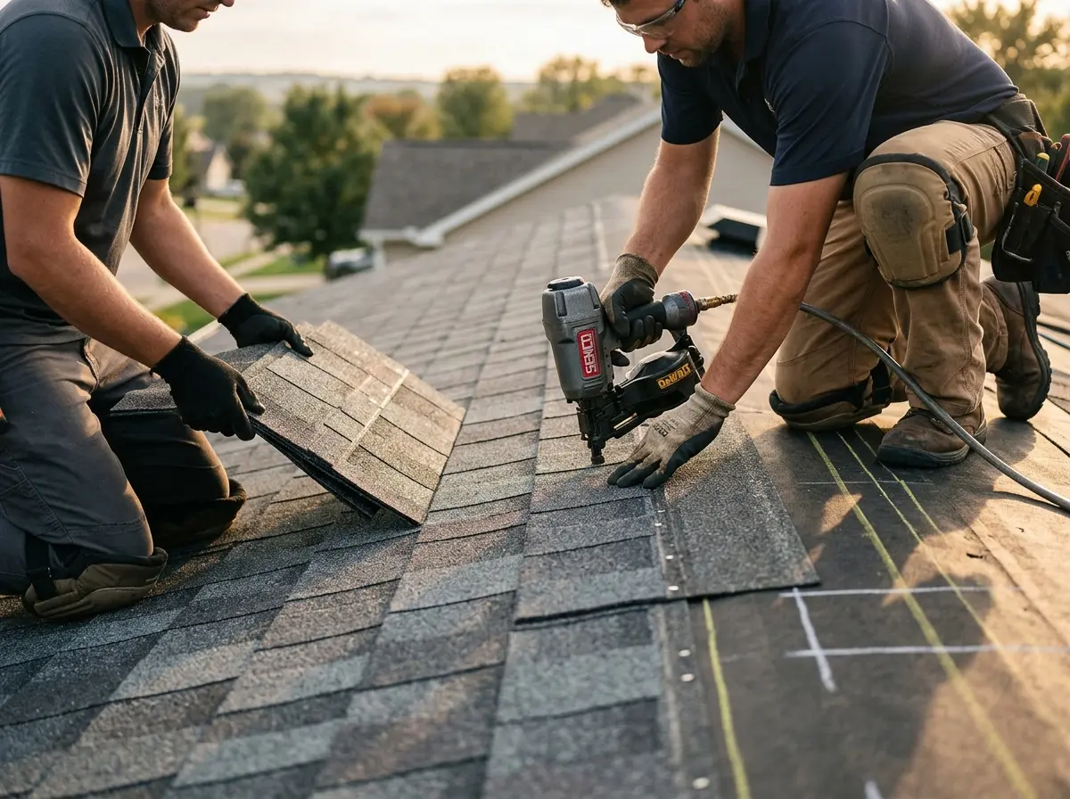 Professional roofer working on a residential roof in Kuna